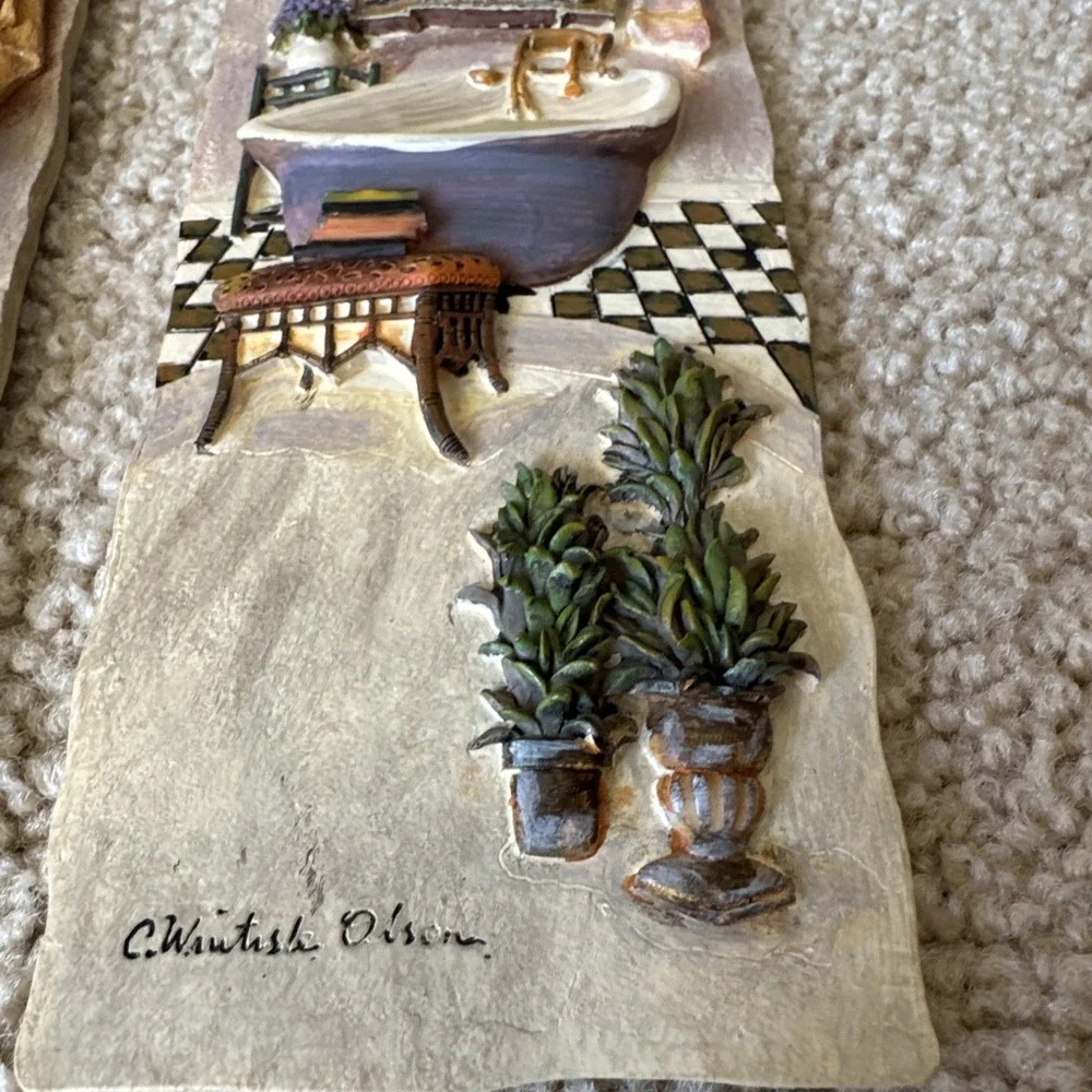 Vintage C. Winterle Olson 3D Bathroom Wall Art Plaque Set 1990s Relief Decor